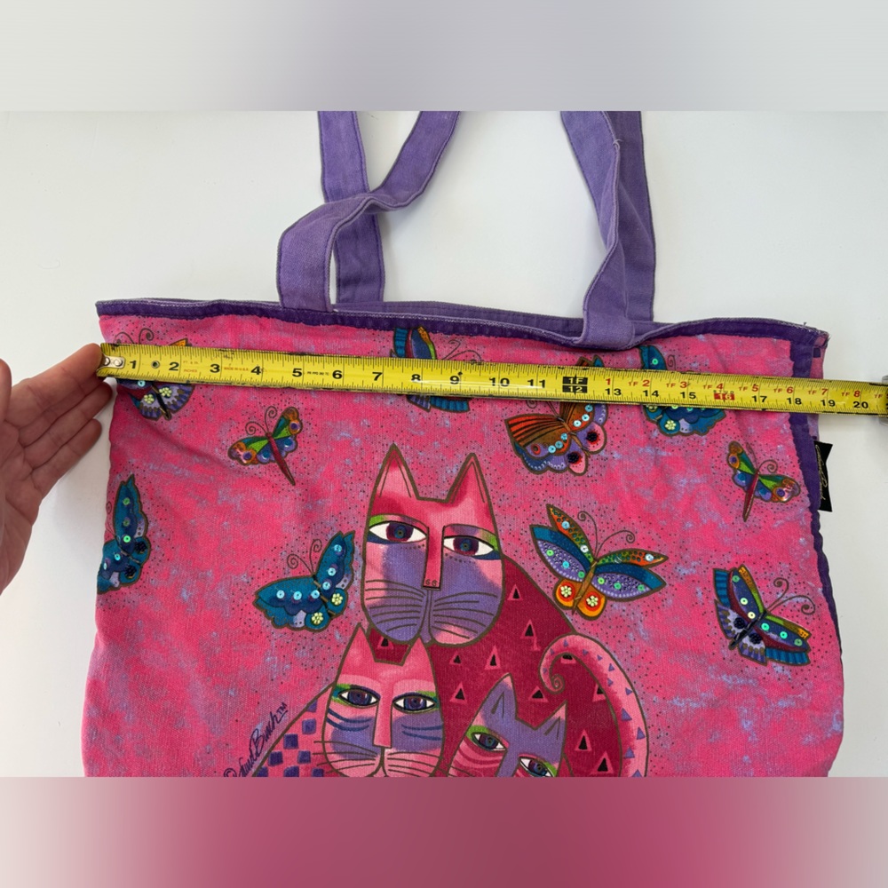 Laurel Burch Cat Tote large handbag pink purple beaded water resistant lined - Picture 11 of 11